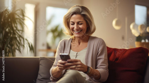 45s Woman on Sofa Having Fun with Mobile Phone App