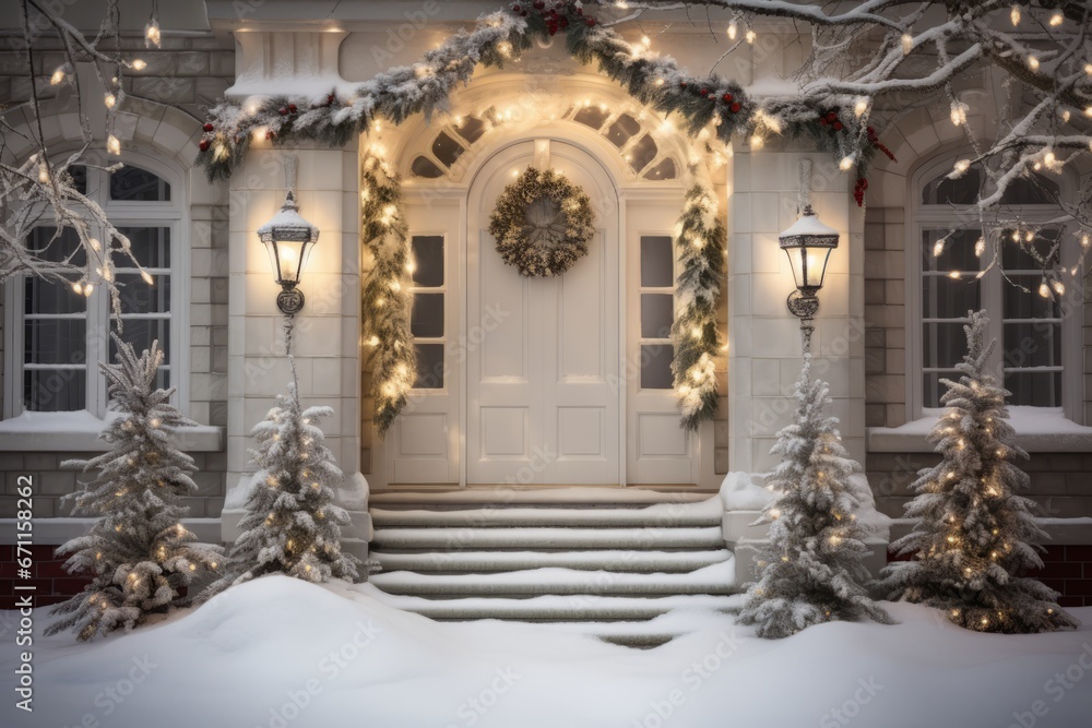 A Magical Christmas Eve Scene of Snowy Footprints Leading to a Frosted Front Door Decorated with Festive Wreaths and Lights A Magical Christmas Eve Scene of Snowy Footprints Leading to a Frosted Front Door Decorated with Festive Wreaths and Lights