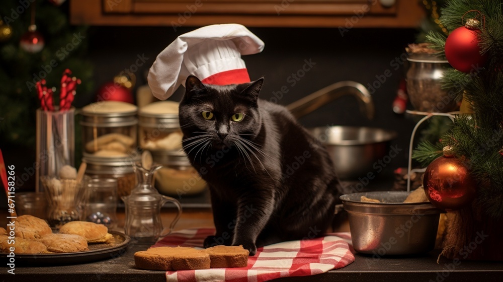Black cat wearing chef hat is in charge in traditional kitchen to prepare Christmas dinner, funny holidays animal in home kitchen.