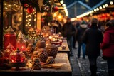 A festive Christmas market stall, illuminated with warm lights, adorned with colorful ornaments and filled with handcrafted holiday gifts