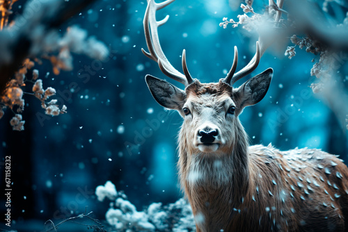close up of a white reindeer with big antlers, in a snowy forest, at dusk, generative AI