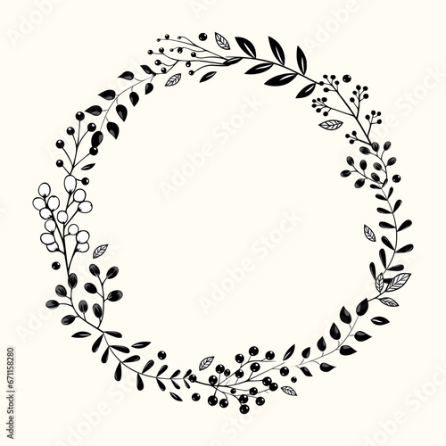 Botanical monochrome frame with leaves and berries for invitations, posters and wedding. Vector floral wreath photo