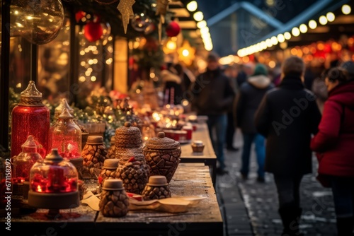 A festive Christmas market stall, illuminated with warm lights, adorned with colorful ornaments and filled with handcrafted holiday gifts
