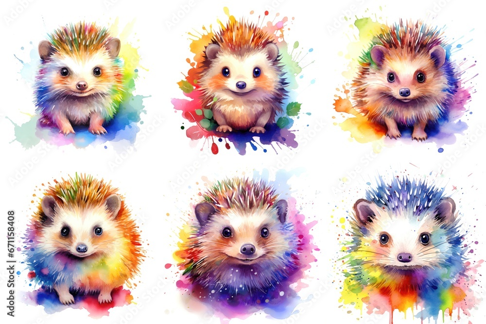 A set of six hedgehogs painted in different colors, watercolor clipart on white background. A set of six hedgehogs painted in different colors, watercolor clipart on white background.