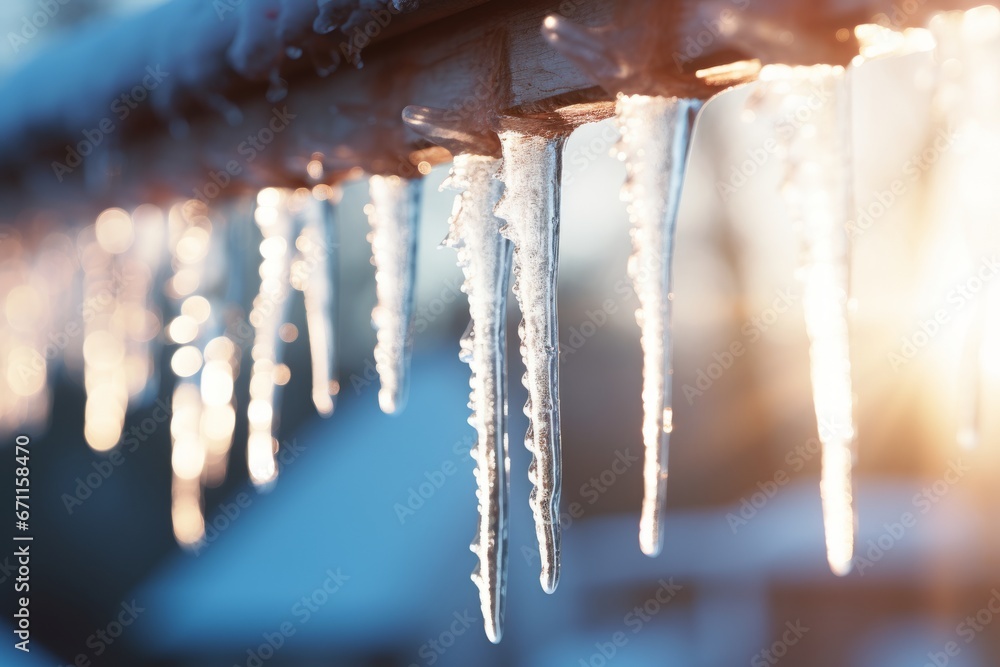 A mesmerizing close-up of icicles hanging from a roof, shimmering in the winter sun, creating a magical Christmas atmosphere A mesmerizing close-up of icicles hanging from a roof, shimmering in the winter sun, creating a magical Christmas atmosphere