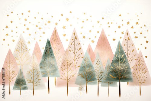 illustration of soft pink, green and golden christmas trees boho style on white ground with space for text, christmas background