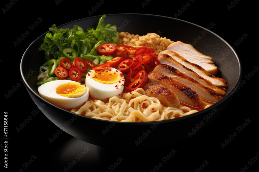 A ramen bowl of noodles with meat, eggs, and tomatoes A ramen bowl of noodles with meat, eggs, and tomatoes