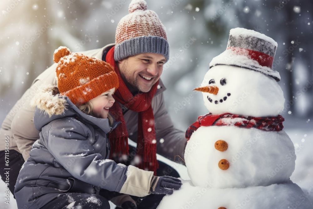 A heartwarming winter scene of a father and son bonding over the creation of a cheerful snowman during the festive Christmas season