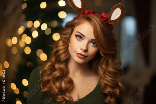A Radiant Redhead with Mesmerizing Green Eyes Wearing Reindeer Antlers in a Cozy Brown Christmas Studio Setup