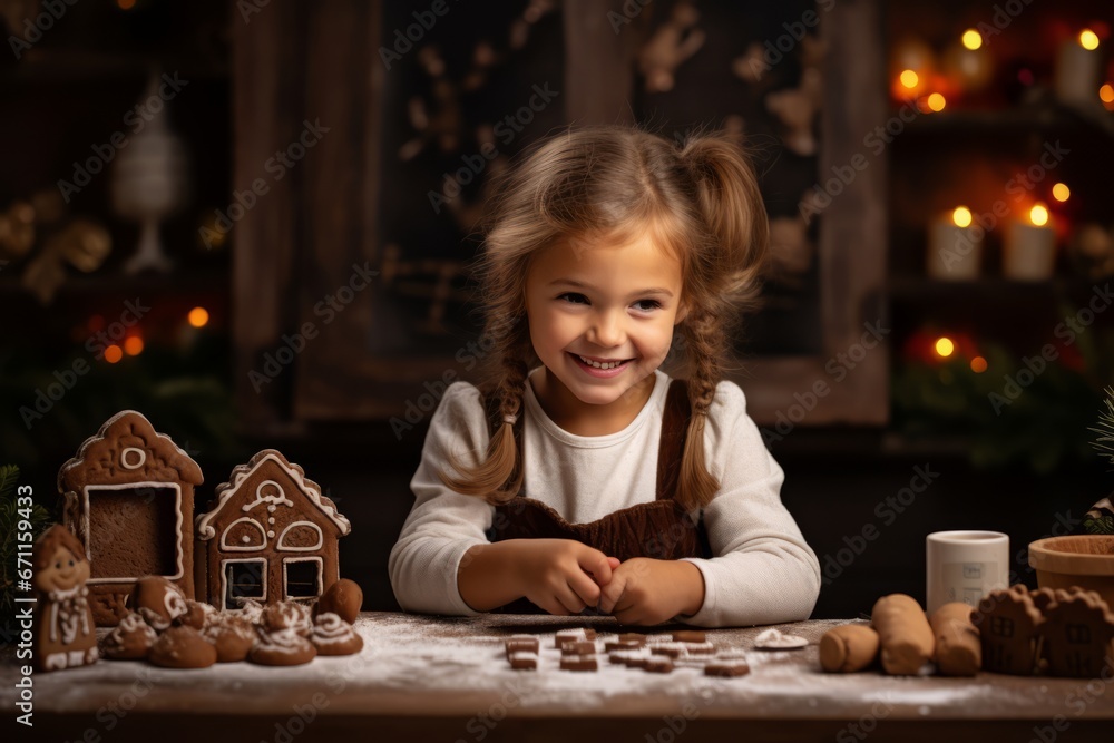 Adorable Little Girl with Pigtails Delightfully Playing with Gingerbread Props in a Cozy Brown Christmas Studio Setup Adorable Little Girl with Pigtails Delightfully Playing with Gingerbread Props in a Cozy Brown Christmas Studio Setup