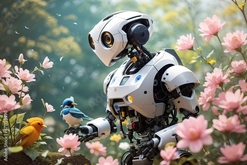 Futuristic Robot Interacting with Birds in a Vibrant Garden
