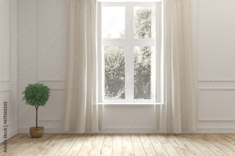 White empty room with summer landscape in window. Scandinavian interior design. 3D illustration White empty room with summer landscape in window. Scandinavian interior design. 3D illustration
