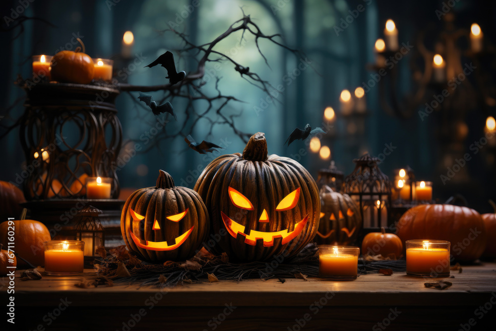 Fototapeta premium Eerie Halloween Pumpkin with Fiery Candles