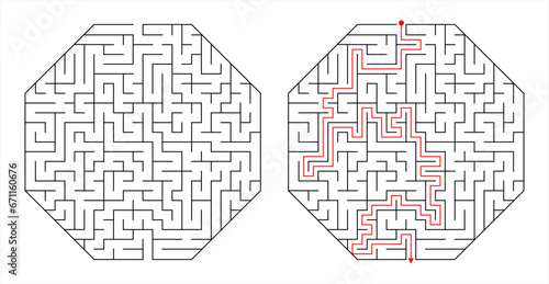 Vector maze game. Octagonal labyrinth with a solution.