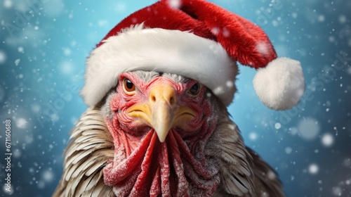 Close-up shot of a rooster with a Santa hat covered in snow. It's winter and snow is blowing in the background.