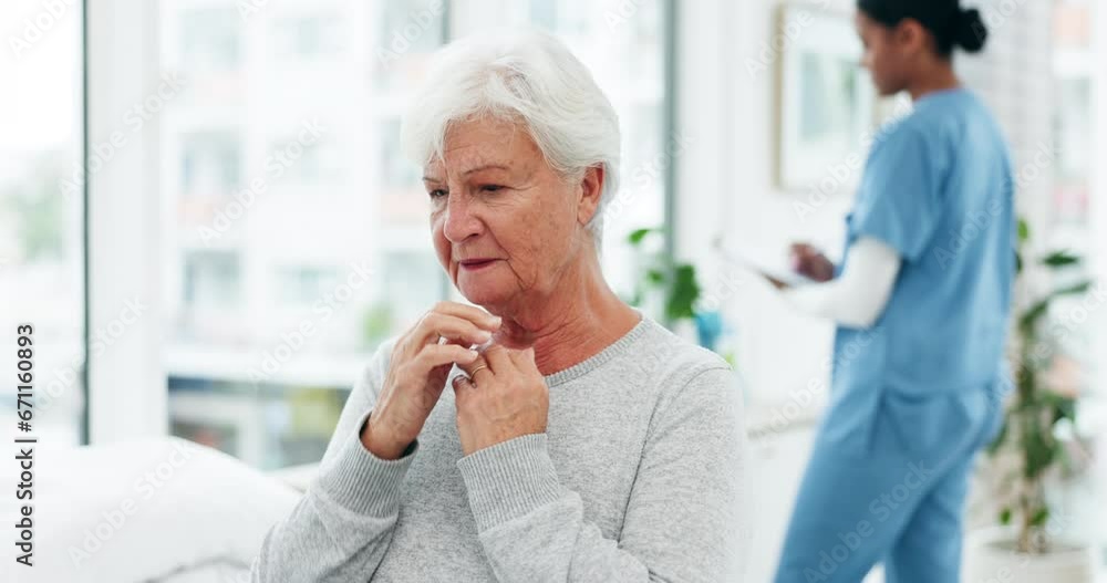 Consultation, coughing or sick old woman in hospital appointment for wellness or medical help. Chest pain, tuberculosis or senior patient with cold or doctor for nursing in clinic for healthcare Consultation, coughing or sick old woman in hospital appointment for wellness or medical help. Chest pain, tuberculosis or senior patient with cold or doctor for nursing in clinic for healthcare