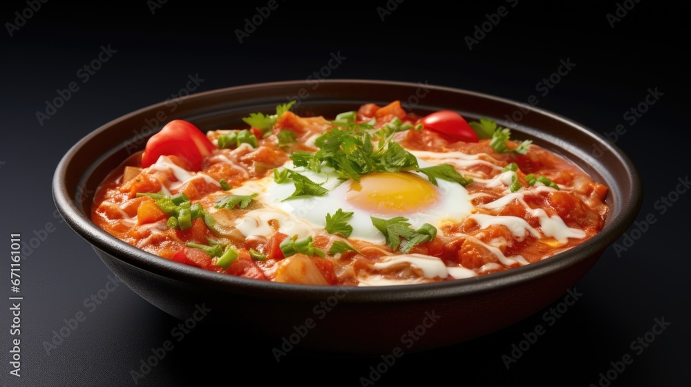 A bowl of food with a fried egg on top, tasty menemen, Turkish food. A bowl of food with a fried egg on top, tasty menemen, Turkish food.