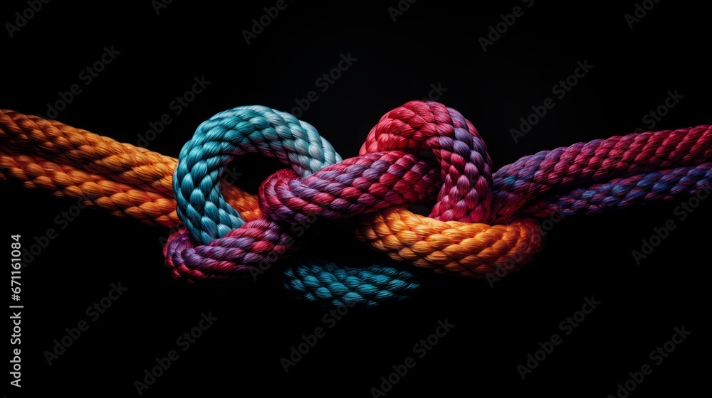Team rope diverse strength connect partnership together teamwork unity communicate support. Strong diverse network rope team concept integrate braid color background cooperation empower power. - obrazy, fototapety, plakaty 