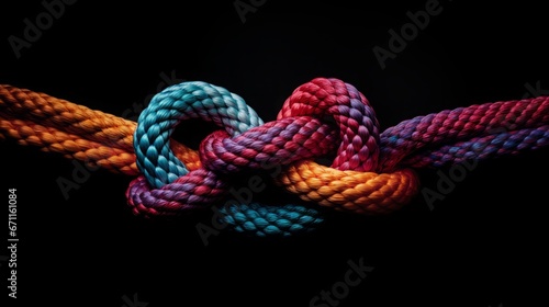 Team rope diverse strength connect partnership together teamwork unity communicate support. Strong diverse network rope team concept integrate braid color background cooperation empower power. photo