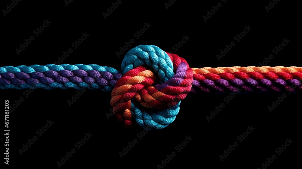 Team rope diverse strength connect partnership together teamwork unity communicate support. Strong diverse network rope team concept integrate braid color background cooperation empower power. - obrazy, fototapety, plakaty 