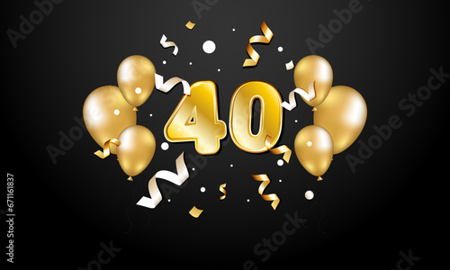 40 number gold numerals on a black background. Golden balloons and streamers around the number 40. 