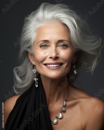 Portrait of a beautiful 50s senior model woman with grey hair.