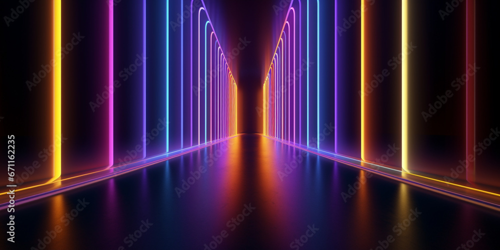 custom made wallpaper toronto digitalNeon dark stage shows empty room: neon light, spotlights, dark blue, purple, pink background - dance floor for product display in studio, backdrop for photo shooting. Generative AI.