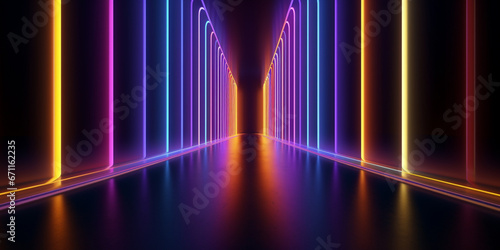 Wallpaper Mural Neon dark stage shows empty room: neon light, spotlights, dark blue, purple, pink background - dance floor for product display in studio, backdrop for photo shooting. Generative AI. Torontodigital.ca