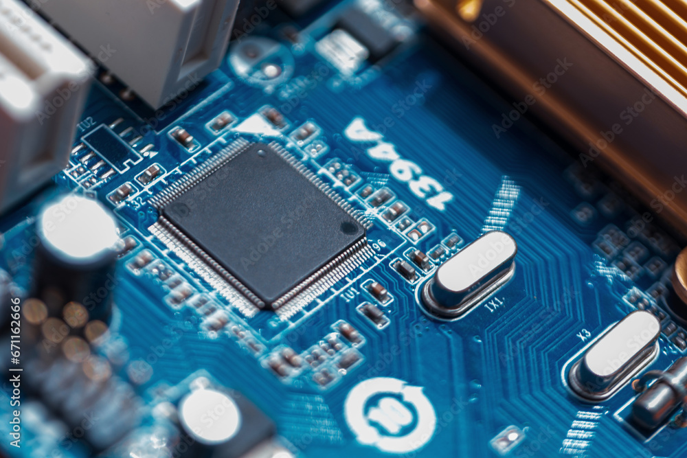 Computer motherboard with chips and transistors, concept. AI and hardware Computer motherboard with chips and transistors, concept. AI and hardware