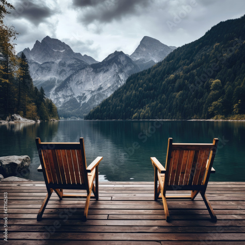 Wooden chairs on the wooden deck of a lake