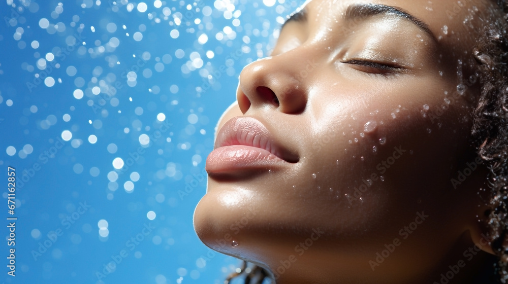 Close-up view of a clean wet smiling female face with closed eyes under a shower or rain. Care cosmetics, water. Illustration, wallpaper, background. - obrazy, fototapety, plakaty 