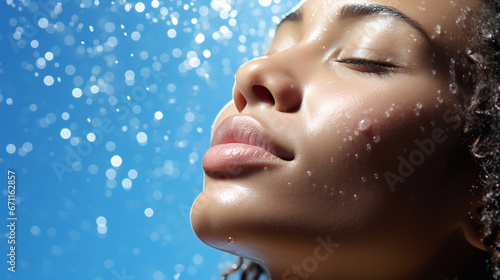 Close-up view of a clean wet smiling female face with closed eyes under a shower or rain. Care cosmetics, water. Illustration, wallpaper, background. photo