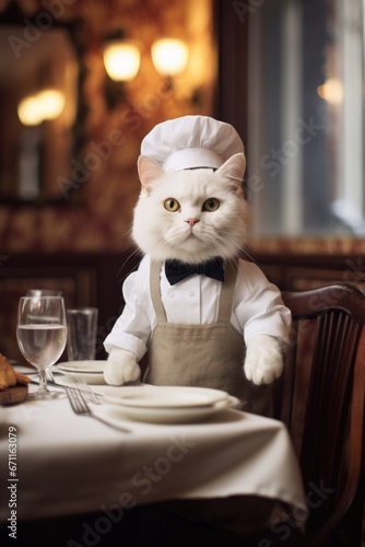 A white cat wearing a chef's hat sitting at a table