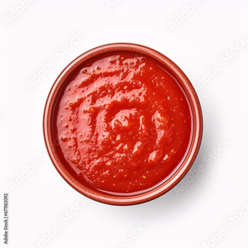 Arrabbiata sauce in a wooden bowl. Spicy Italian tomato sauce for pasta, made from tomatoes, garlic and dried red chili peppers, cooked in olive oil. Vegan sugo. Close-up over white, macro food photo. photo