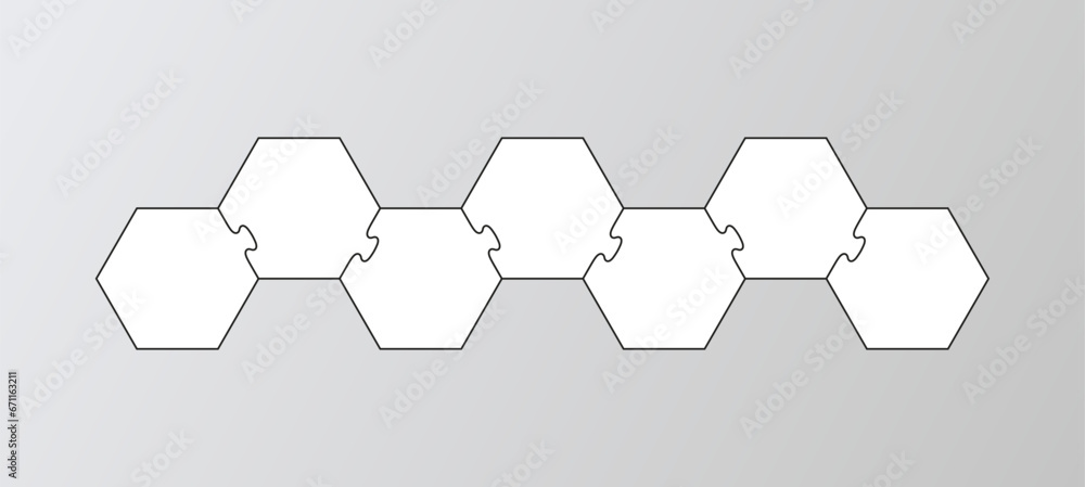 Jigsaw puzzle infographics with 7 pieces. Hexagon business chain infographic. Process diagram with steps, parts. Business presentation info graphic. Puzzle hexagonal grid. Vector illustration Jigsaw puzzle infographics with 7 pieces. Hexagon business chain infographic. Process diagram with steps, parts. Business presentation info graphic. Puzzle hexagonal grid. Vector illustration