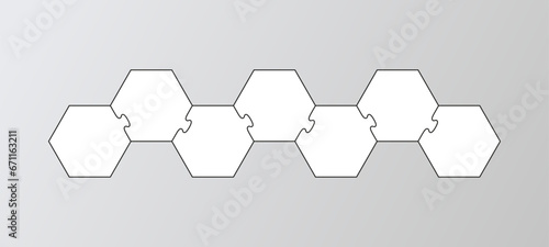 Jigsaw puzzle infographics with 7 pieces. Hexagon business chain infographic. Process diagram with steps, parts. Business presentation info graphic. Puzzle hexagonal grid. Vector illustration