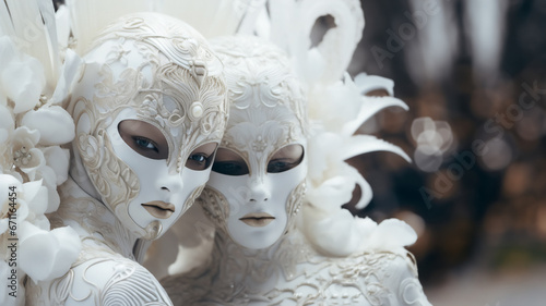 Venetian people in carnival costumes and masks, costumes with white and beige lace, pearls, crystals © XXXX