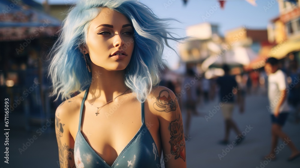Beautiful young woman with striking blue hair and tattoos, generative ai Beautiful young woman with striking blue hair and tattoos, generative ai