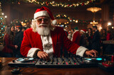 Santa Claus DJ in a festive outfit, mixing powerful hits tracks at a lively Christmas party. The party is filled with energy and holiday cheer. Generative Ai