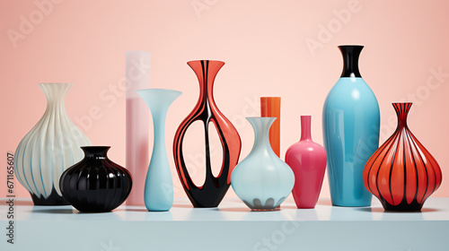 a series of vases of various sizes and shapes and colors; all unique designs and original, against soft peach pink background