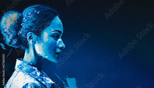 Blue indigo neutral partial cool splash face on a dark blue background