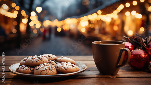 Merry Christmas. Happy holidays. A cup of hot drink and cookies on the background of the lights of the Christmas market. High quality photo