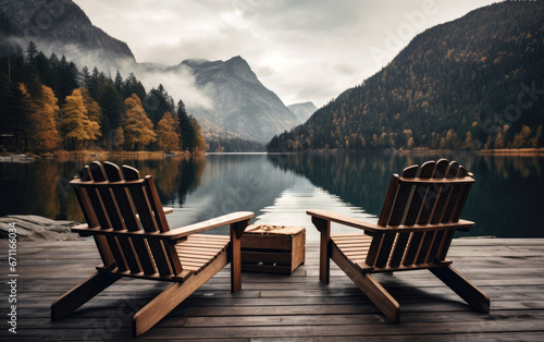 Wooden chairs on the wooden deck of a lake