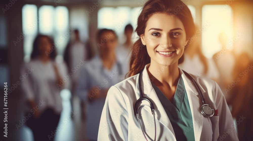 Fototapeta premium Pretty woman doctor standing in a hospital with a group of staff