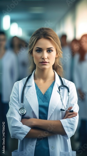 Pretty woman doctor standing in a hospital with a group of staff