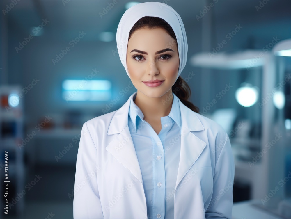 Fototapeta premium Young pretty arab woman doctor in medical class portrait
