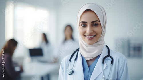 Young pretty smiling arab woman doctor portrait