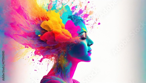 Vibrant explosive depiction human mind bursting with a spectrum, creative thoughts and ideas