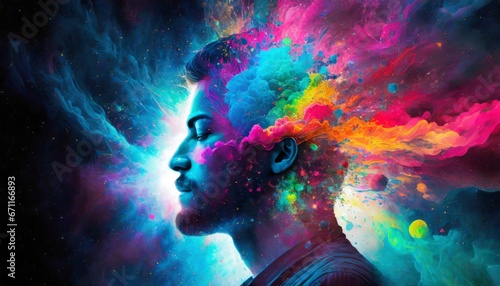 Vibrant explosive depiction human mind bursting with a spectrum, creative thoughts and ideas