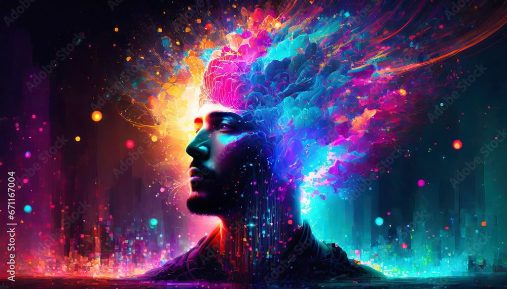 Vibrant explosive depiction human mind bursting with a spectrum, creative thoughts and ideas